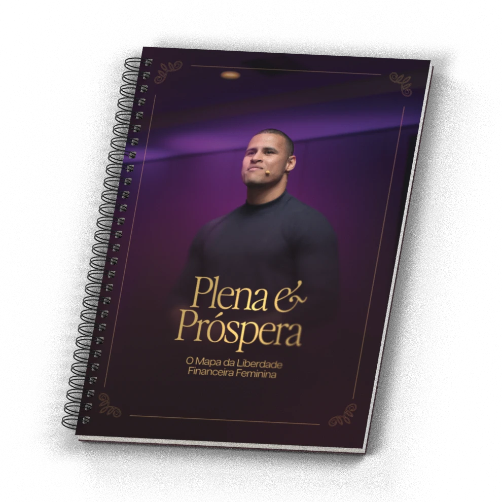 Mockup 3D da apostila Plena e Próspera, com encadernação em espiral e a capa original.